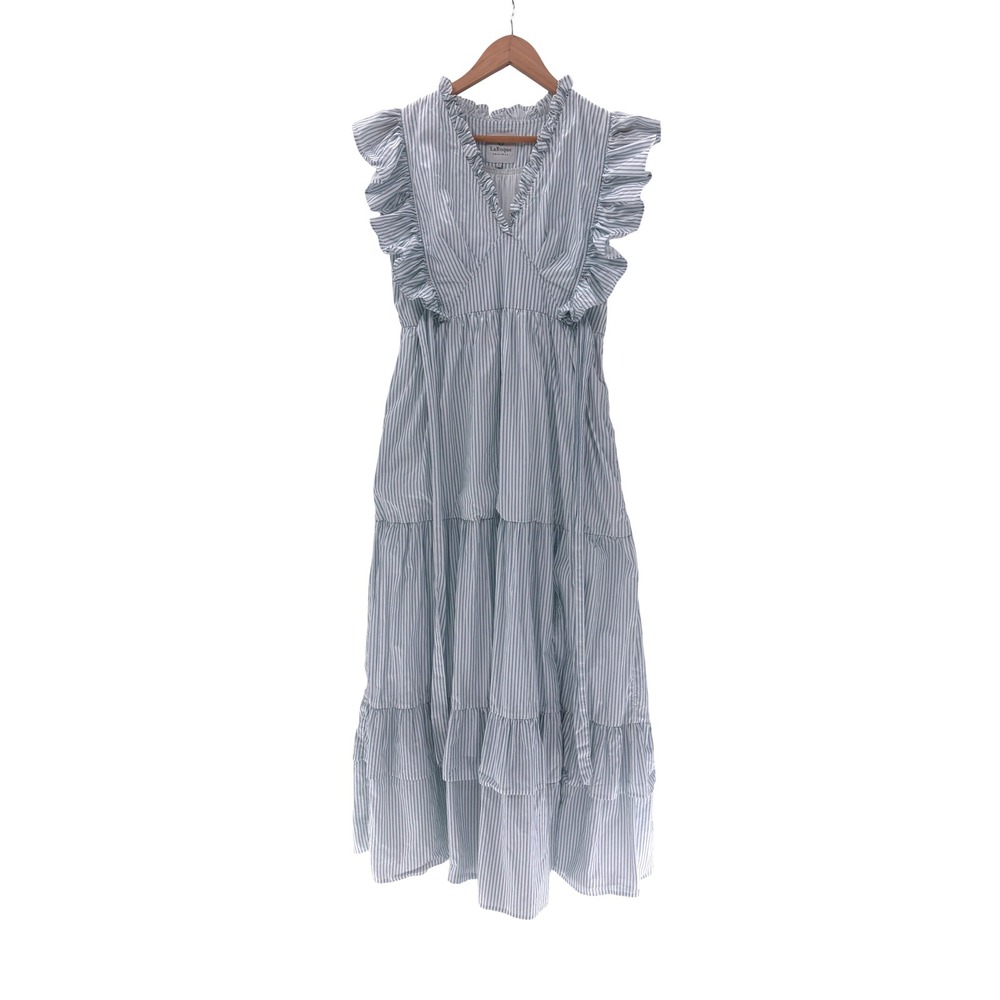 LaRoque Dress Maxi Cottagecore Romantic Tiered Ruffleβ Striped Blue White Large